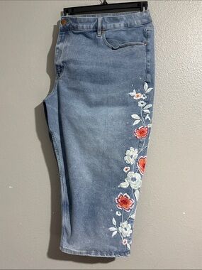 Lane Bryant Blue Straight-Leg Jeans with Embroidered Floral Trim